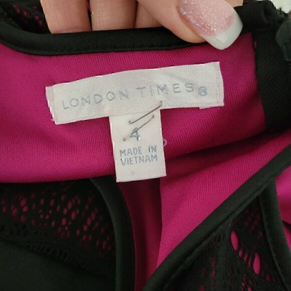 London Times Dark Pink & Black Abstract Lace Top Color Block Short Dress NEW - Picture 7 of 11